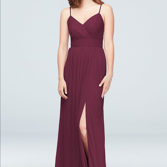 spaghetti strap ruched waist mesh bridesmaid dress